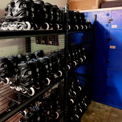 Inline skate rental shelves at Roller Rink USA